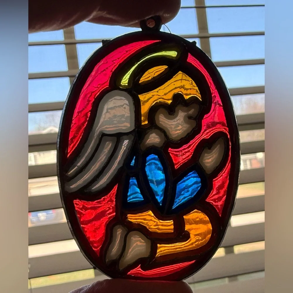 Vintage Stained Glass Angel and Candle Ornaments - Red, Green, Blue Christmas